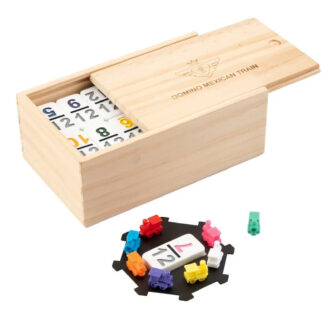 Double 12 Mexican Train Dominoes with numbers in wooden box